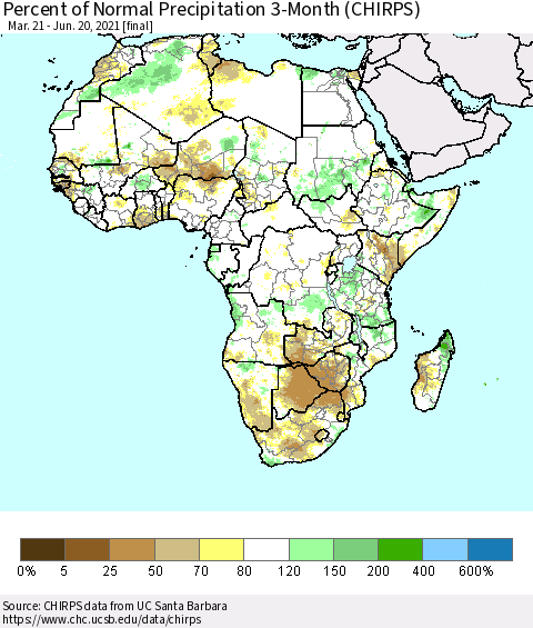 Africa Percent of Normal Precipitation 3-Month (CHIRPS) Thematic Map For 3/21/2021 - 6/20/2021