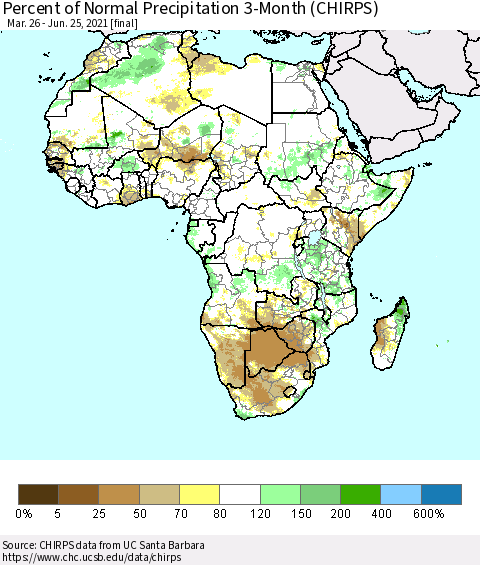 Africa Percent of Normal Precipitation 3-Month (CHIRPS) Thematic Map For 3/26/2021 - 6/25/2021