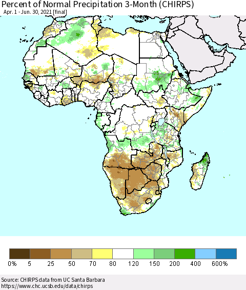 Africa Percent of Normal Precipitation 3-Month (CHIRPS) Thematic Map For 4/1/2021 - 6/30/2021