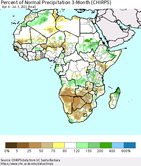 Africa Percent of Normal Precipitation 3-Month (CHIRPS) Thematic Map For 4/6/2021 - 7/5/2021