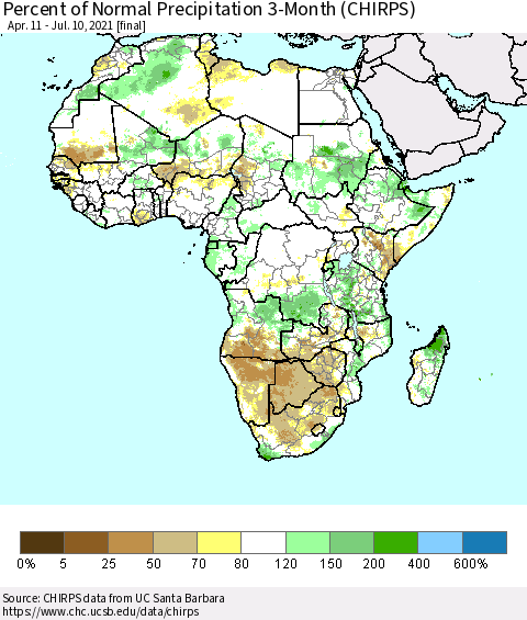 Africa Percent of Normal Precipitation 3-Month (CHIRPS) Thematic Map For 4/11/2021 - 7/10/2021