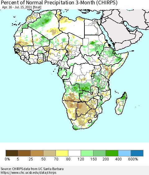 Africa Percent of Normal Precipitation 3-Month (CHIRPS) Thematic Map For 4/16/2021 - 7/15/2021