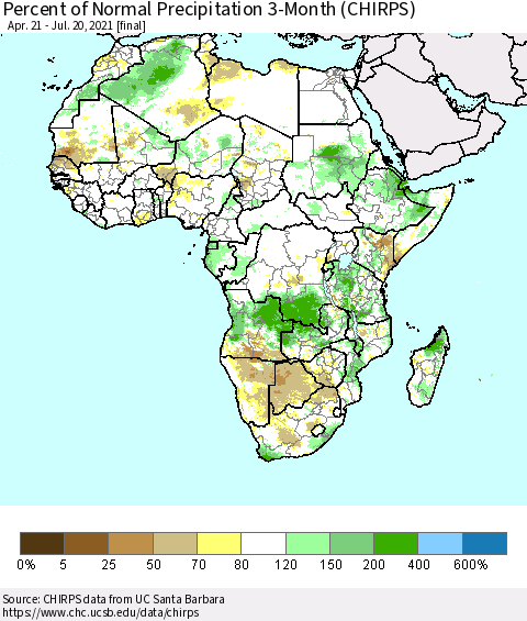 Africa Percent of Normal Precipitation 3-Month (CHIRPS) Thematic Map For 4/21/2021 - 7/20/2021