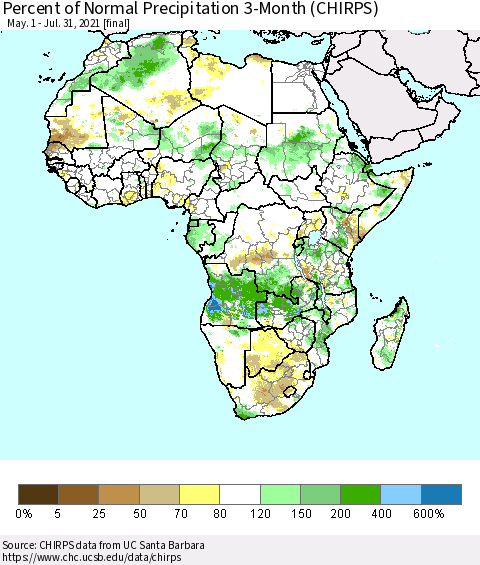 Africa Percent of Normal Precipitation 3-Month (CHIRPS) Thematic Map For 5/1/2021 - 7/31/2021