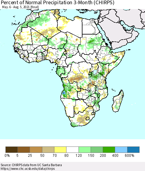 Africa Percent of Normal Precipitation 3-Month (CHIRPS) Thematic Map For 5/6/2021 - 8/5/2021