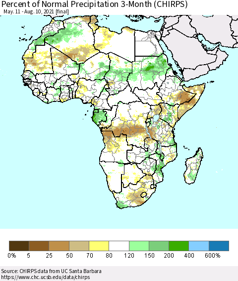 Africa Percent of Normal Precipitation 3-Month (CHIRPS) Thematic Map For 5/11/2021 - 8/10/2021