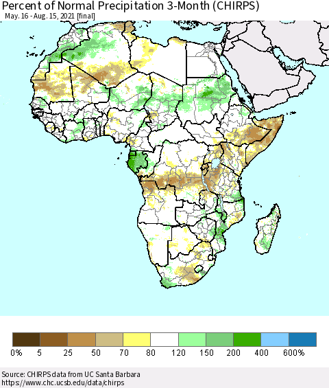 Africa Percent of Normal Precipitation 3-Month (CHIRPS) Thematic Map For 5/16/2021 - 8/15/2021