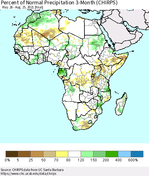 Africa Percent of Normal Precipitation 3-Month (CHIRPS) Thematic Map For 5/26/2021 - 8/25/2021
