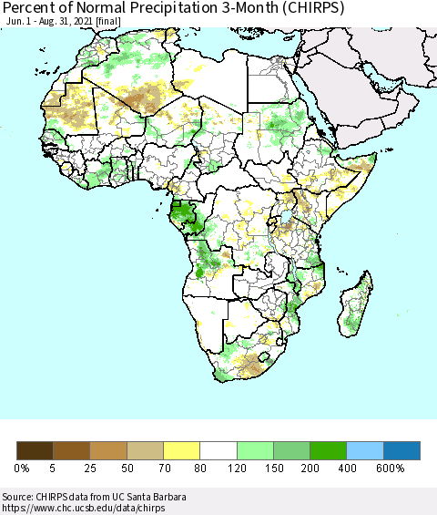 Africa Percent of Normal Precipitation 3-Month (CHIRPS) Thematic Map For 6/1/2021 - 8/31/2021