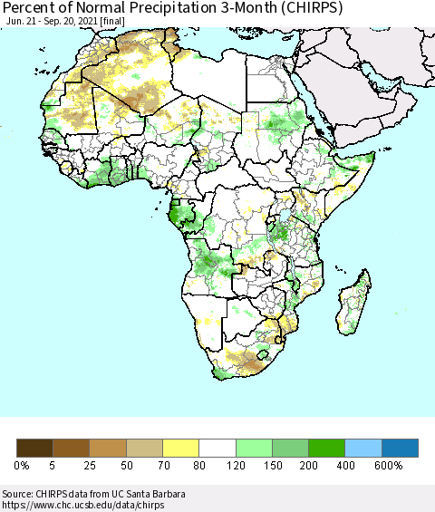 Africa Percent of Normal Precipitation 3-Month (CHIRPS) Thematic Map For 6/21/2021 - 9/20/2021
