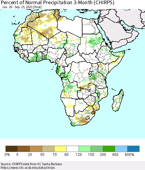 Africa Percent of Normal Precipitation 3-Month (CHIRPS) Thematic Map For 6/26/2021 - 9/25/2021
