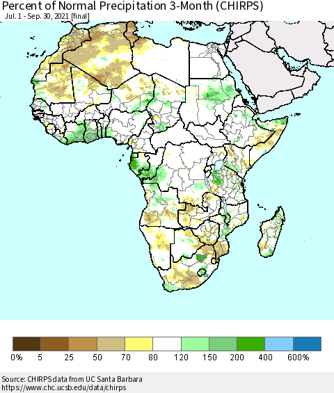 Africa Percent of Normal Precipitation 3-Month (CHIRPS) Thematic Map For 7/1/2021 - 9/30/2021