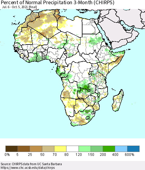 Africa Percent of Normal Precipitation 3-Month (CHIRPS) Thematic Map For 7/6/2021 - 10/5/2021
