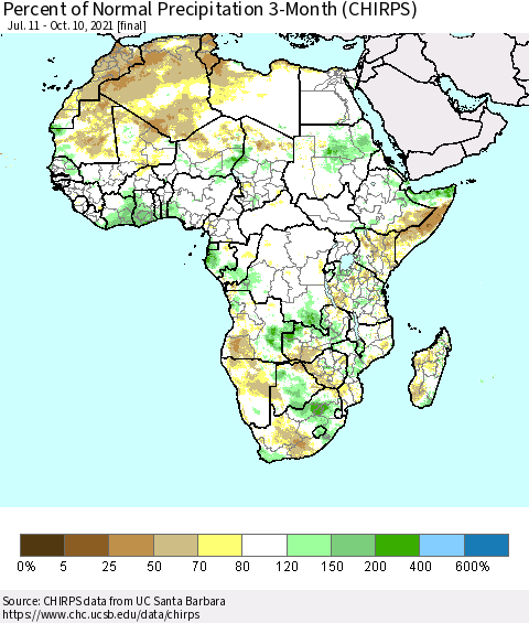 Africa Percent of Normal Precipitation 3-Month (CHIRPS) Thematic Map For 7/11/2021 - 10/10/2021
