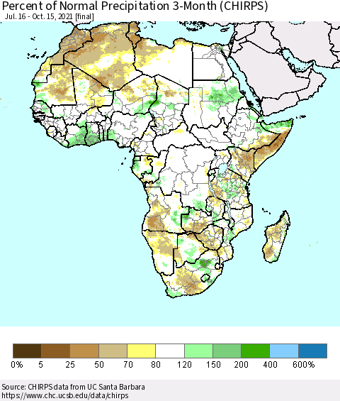 Africa Percent of Normal Precipitation 3-Month (CHIRPS) Thematic Map For 7/16/2021 - 10/15/2021