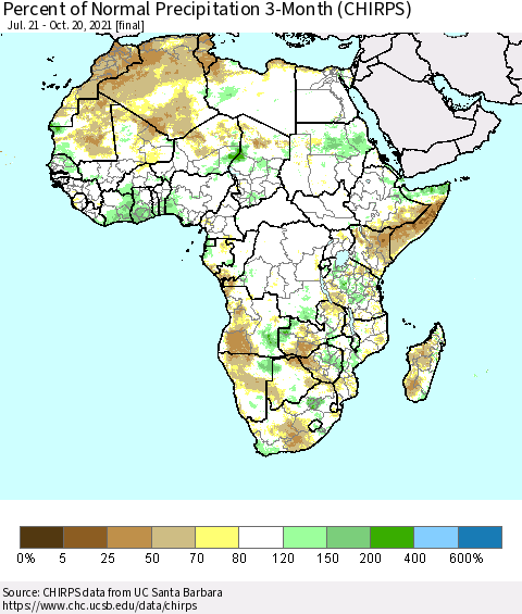 Africa Percent of Normal Precipitation 3-Month (CHIRPS) Thematic Map For 7/21/2021 - 10/20/2021