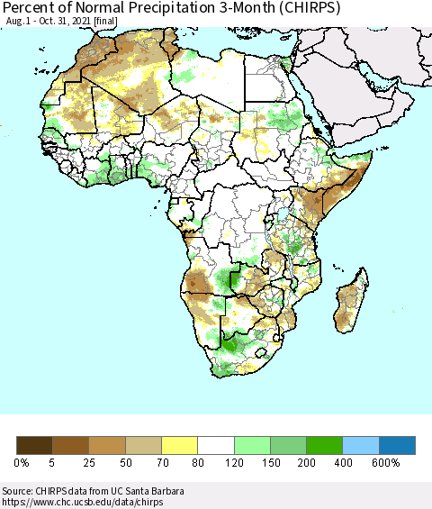 Africa Percent of Normal Precipitation 3-Month (CHIRPS) Thematic Map For 8/1/2021 - 10/31/2021