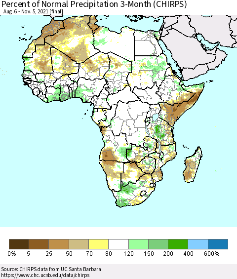 Africa Percent of Normal Precipitation 3-Month (CHIRPS) Thematic Map For 8/6/2021 - 11/5/2021