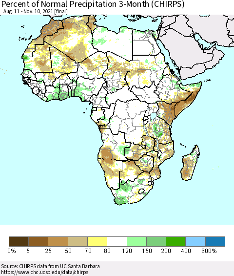 Africa Percent of Normal Precipitation 3-Month (CHIRPS) Thematic Map For 8/11/2021 - 11/10/2021