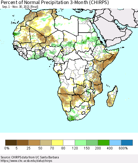 Africa Percent of Normal Precipitation 3-Month (CHIRPS) Thematic Map For 9/1/2021 - 11/30/2021