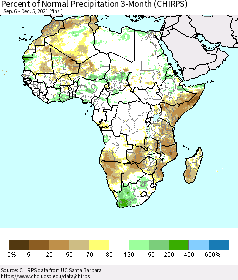 Africa Percent of Normal Precipitation 3-Month (CHIRPS) Thematic Map For 9/6/2021 - 12/5/2021