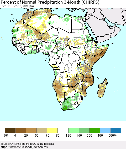 Africa Percent of Normal Precipitation 3-Month (CHIRPS) Thematic Map For 9/11/2021 - 12/10/2021