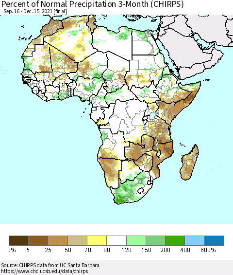 Africa Percent of Normal Precipitation 3-Month (CHIRPS) Thematic Map For 9/16/2021 - 12/15/2021