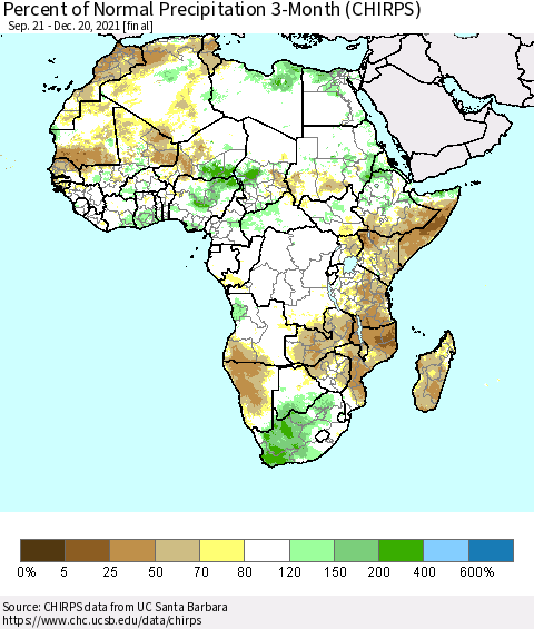 Africa Percent of Normal Precipitation 3-Month (CHIRPS) Thematic Map For 9/21/2021 - 12/20/2021