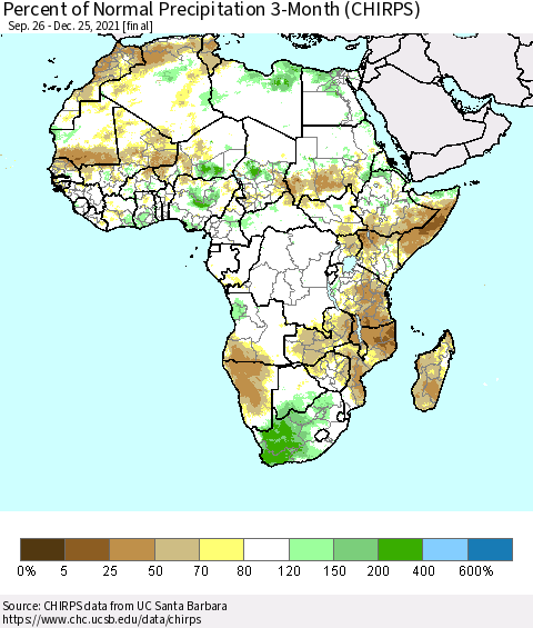 Africa Percent of Normal Precipitation 3-Month (CHIRPS) Thematic Map For 9/26/2021 - 12/25/2021