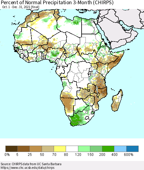 Africa Percent of Normal Precipitation 3-Month (CHIRPS) Thematic Map For 10/1/2021 - 12/31/2021