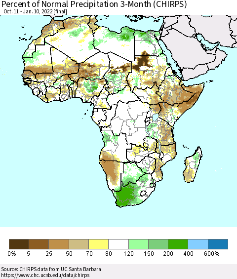 Africa Percent of Normal Precipitation 3-Month (CHIRPS) Thematic Map For 10/11/2021 - 1/10/2022