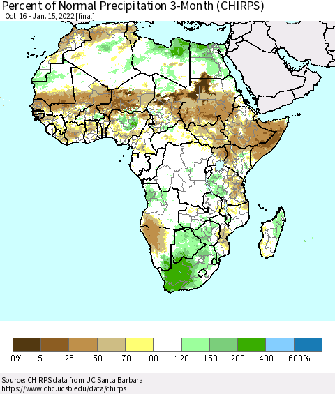 Africa Percent of Normal Precipitation 3-Month (CHIRPS) Thematic Map For 10/16/2021 - 1/15/2022
