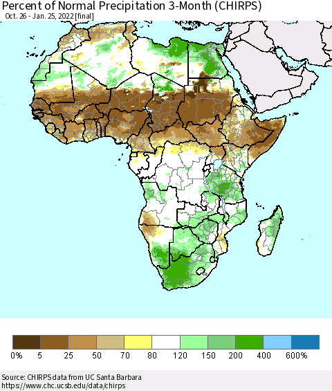 Africa Percent of Normal Precipitation 3-Month (CHIRPS) Thematic Map For 10/26/2021 - 1/25/2022