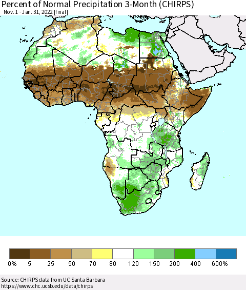 Africa Percent of Normal Precipitation 3-Month (CHIRPS) Thematic Map For 11/1/2021 - 1/31/2022