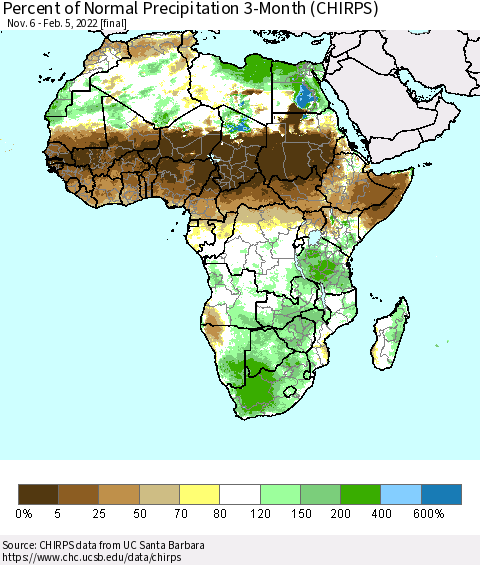 Africa Percent of Normal Precipitation 3-Month (CHIRPS) Thematic Map For 11/6/2021 - 2/5/2022