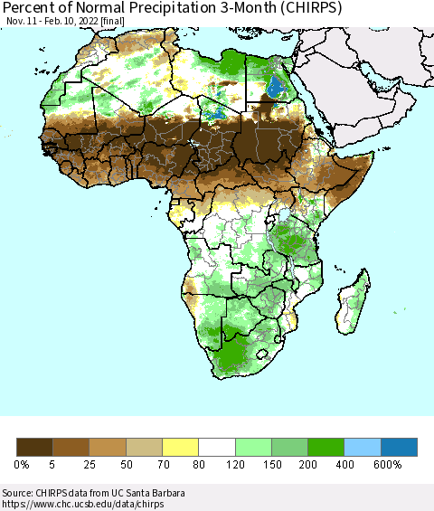 Africa Percent of Normal Precipitation 3-Month (CHIRPS) Thematic Map For 11/11/2021 - 2/10/2022