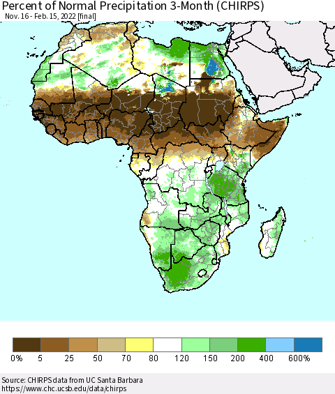 Africa Percent of Normal Precipitation 3-Month (CHIRPS) Thematic Map For 11/16/2021 - 2/15/2022