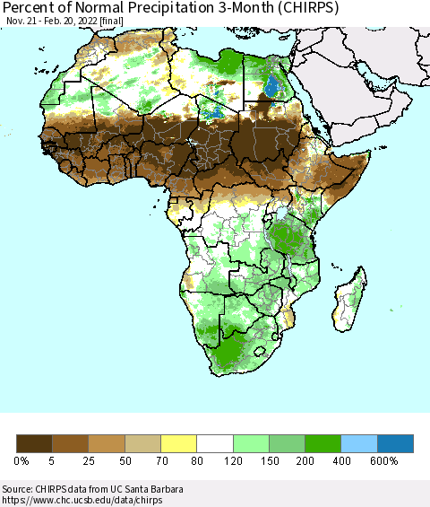 Africa Percent of Normal Precipitation 3-Month (CHIRPS) Thematic Map For 11/21/2021 - 2/20/2022