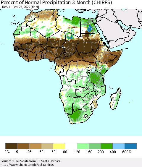 Africa Percent of Normal Precipitation 3-Month (CHIRPS) Thematic Map For 12/1/2021 - 2/28/2022