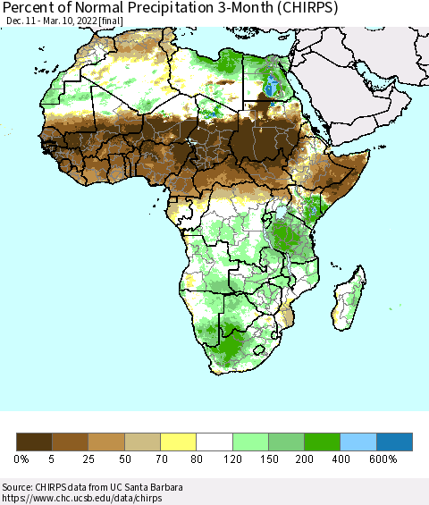 Africa Percent of Normal Precipitation 3-Month (CHIRPS) Thematic Map For 12/11/2021 - 3/10/2022