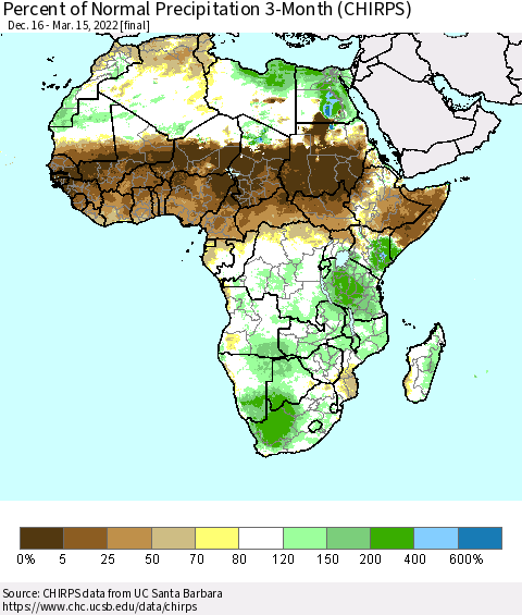 Africa Percent of Normal Precipitation 3-Month (CHIRPS) Thematic Map For 12/16/2021 - 3/15/2022
