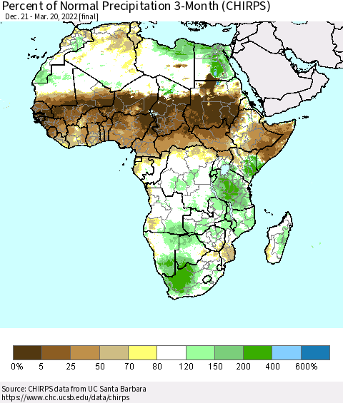 Africa Percent of Normal Precipitation 3-Month (CHIRPS) Thematic Map For 12/21/2021 - 3/20/2022