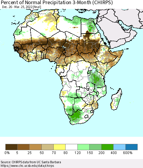 Africa Percent of Normal Precipitation 3-Month (CHIRPS) Thematic Map For 12/26/2021 - 3/25/2022