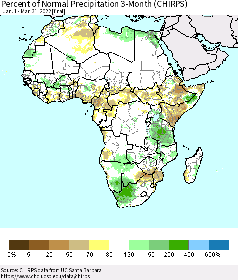 Africa Percent of Normal Precipitation 3-Month (CHIRPS) Thematic Map For 1/1/2022 - 3/31/2022