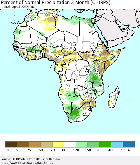 Africa Percent of Normal Precipitation 3-Month (CHIRPS) Thematic Map For 1/6/2022 - 4/5/2022