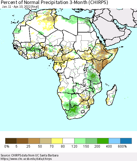 Africa Percent of Normal Precipitation 3-Month (CHIRPS) Thematic Map For 1/11/2022 - 4/10/2022