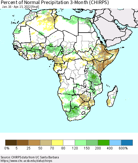 Africa Percent of Normal Precipitation 3-Month (CHIRPS) Thematic Map For 1/16/2022 - 4/15/2022