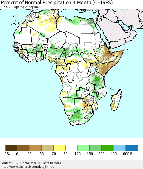Africa Percent of Normal Precipitation 3-Month (CHIRPS) Thematic Map For 1/21/2022 - 4/20/2022
