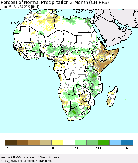 Africa Percent of Normal Precipitation 3-Month (CHIRPS) Thematic Map For 1/26/2022 - 4/25/2022
