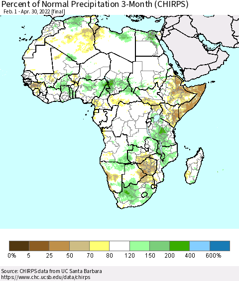 Africa Percent of Normal Precipitation 3-Month (CHIRPS) Thematic Map For 2/1/2022 - 4/30/2022